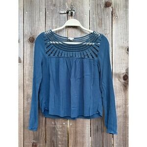 Aeropostale Crochet Top Long Sleeve Peasant Blouse Boho‎ Blue Medium